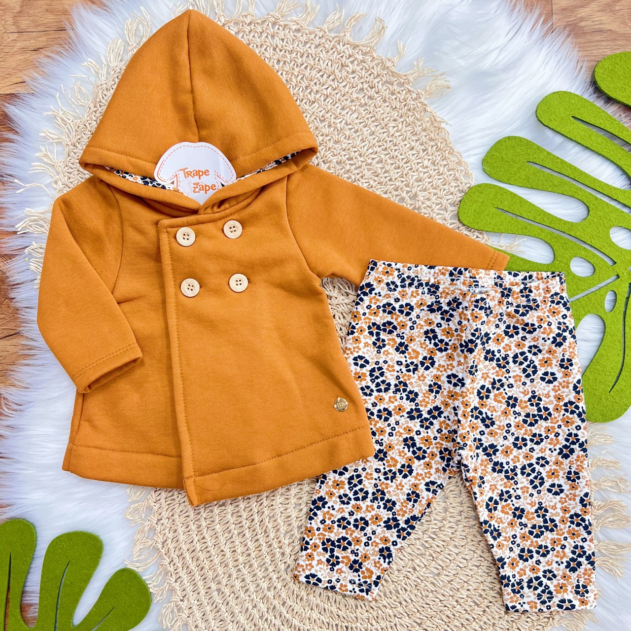 Casaco com Capuz e Calça Legging Floral - Mostarda e Marinho